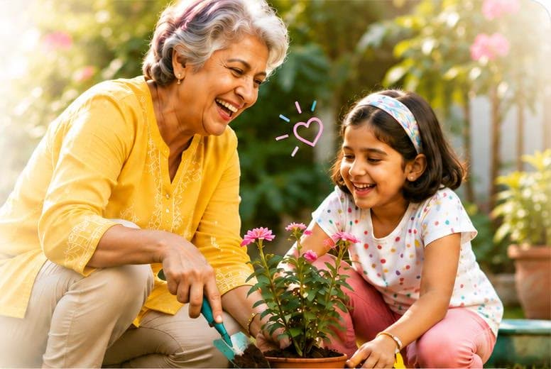 An older woman gardening and laughing with her granddaughter