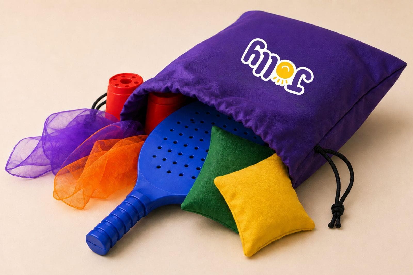 A purple Jolly bag with colourful play equipment